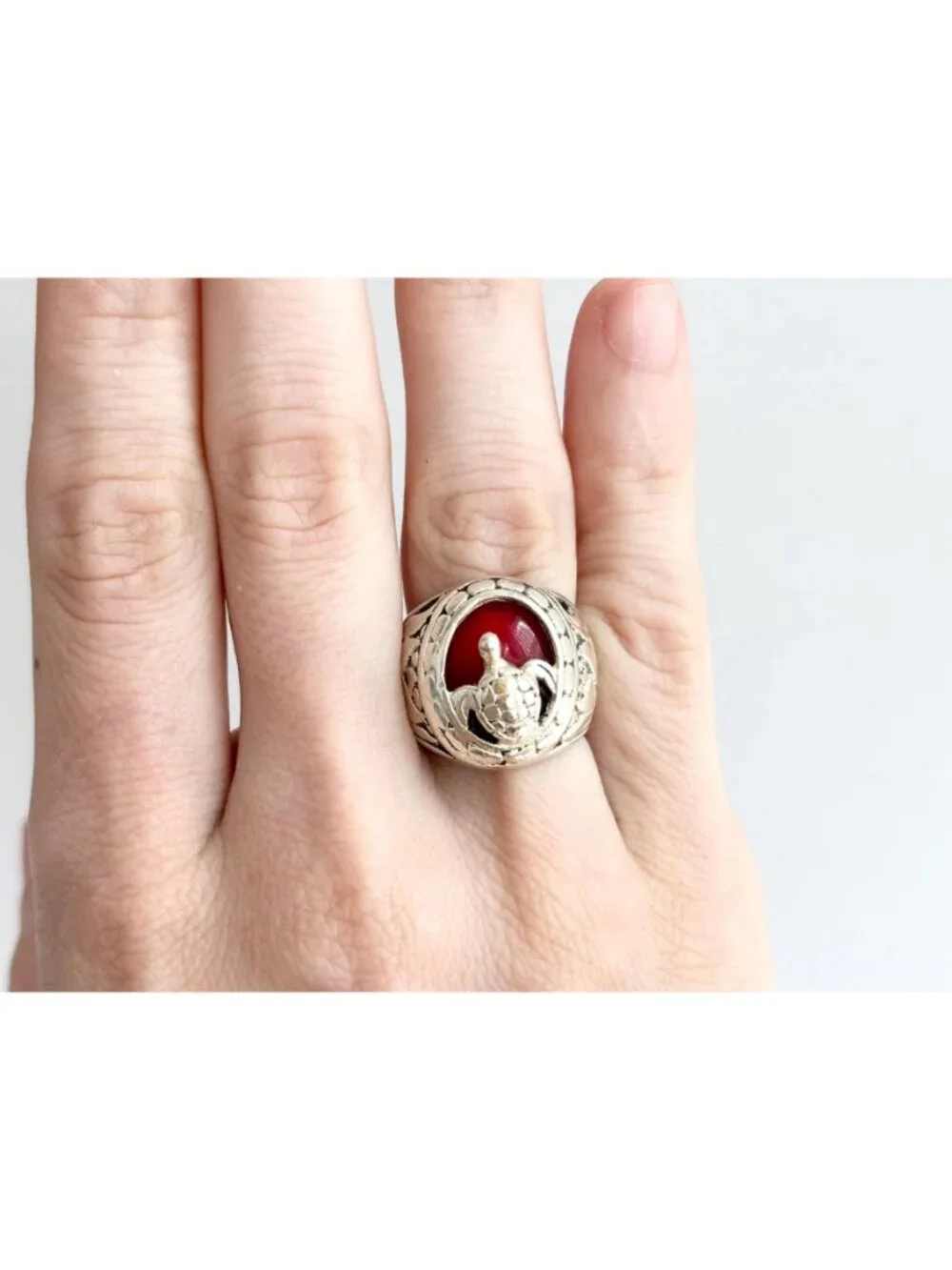 Carnelian Stone Turtle Figural Oval Sterling Silver 925 Vintage Ring - sz 6